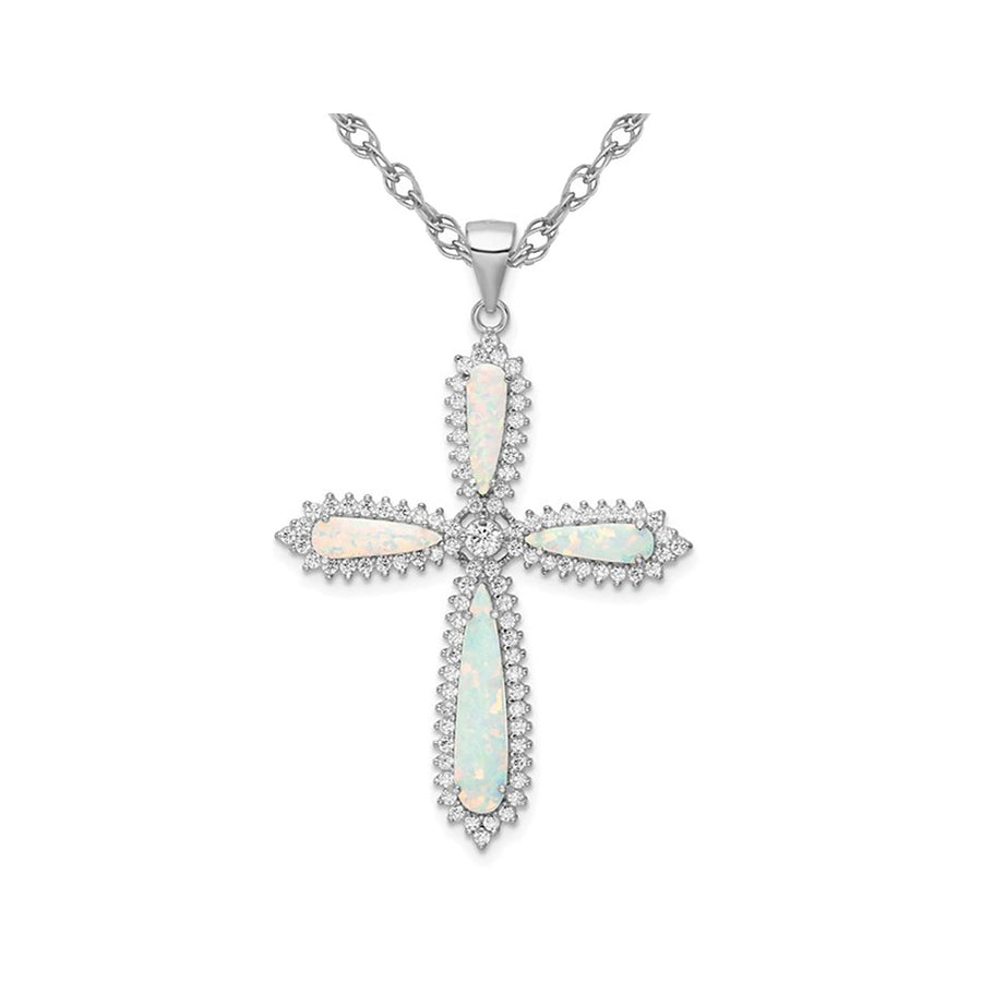 Large Lab-Created Opal Cross Pendant Necklace in Sterling Silver with Cubic Zirconia (CZ)s and Chain Image 1