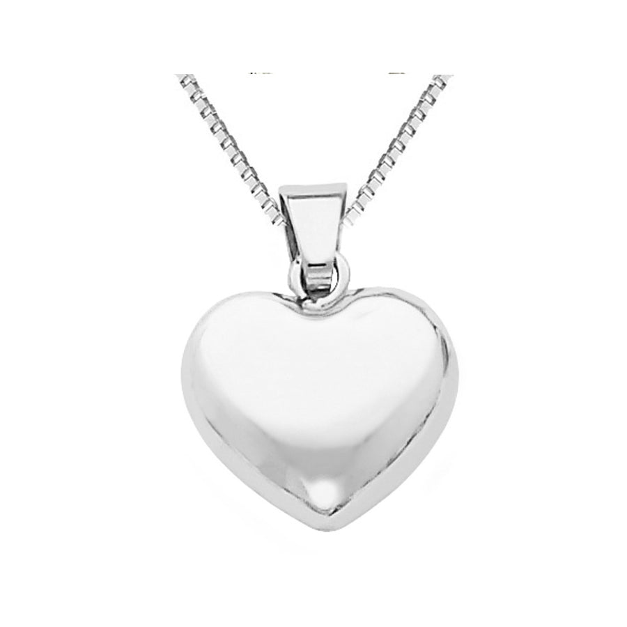 14K White Gold Small Puffed Heart Pendant Necklace with Chain Image 1