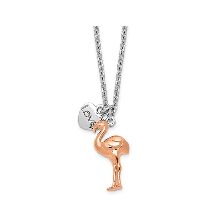 Sterling Silver Rose Plated Flamingo Love Heart Pendant Necklace and Chain Image 1