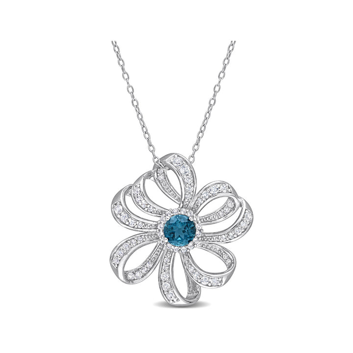 2.20 Carat (ctw) London Blue Topaz and White Topaz Flower Pendant Necklace in Sterling Silver with Chain Image 1