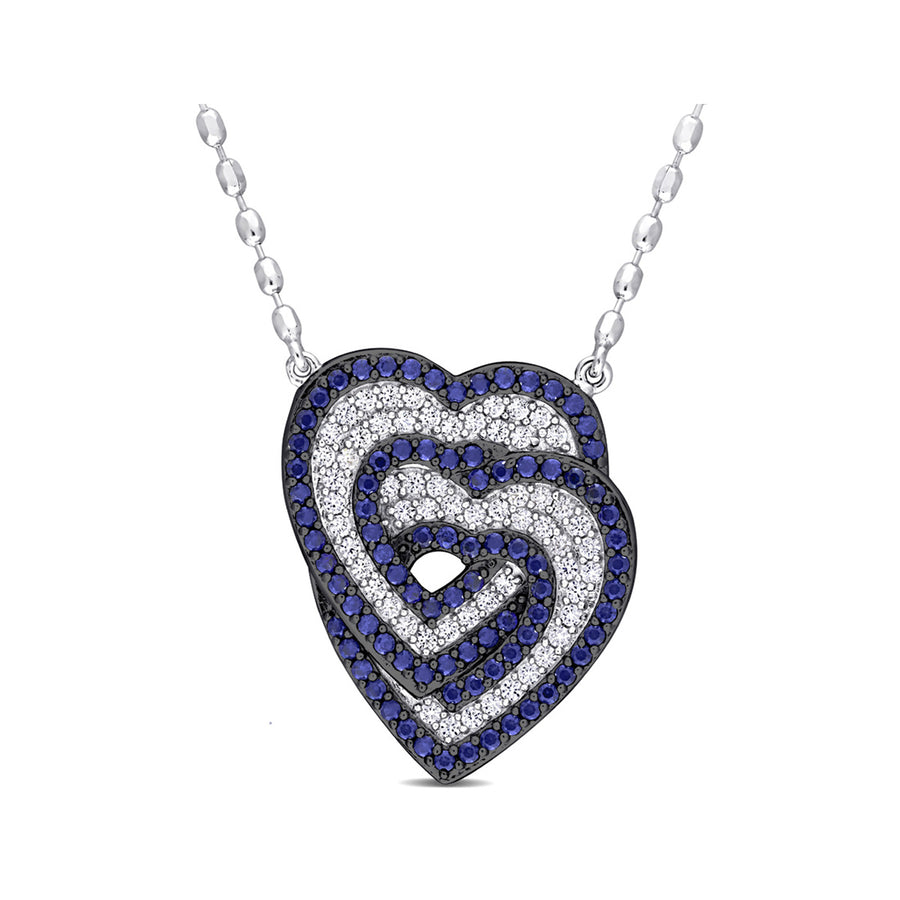 1.45 Carat (ctw) Lab-Created Blue Sapphire and White Sapphire Heart Pendant Necklace in Sterling Silver with chain Image 1