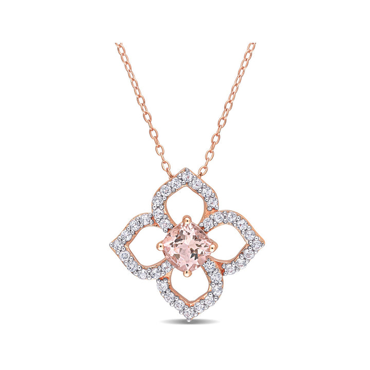 2.00 Carat (ctw) Morganite and White Topaz Floral Pendant Necklace in Rose Plated Sterling Silver Image 1