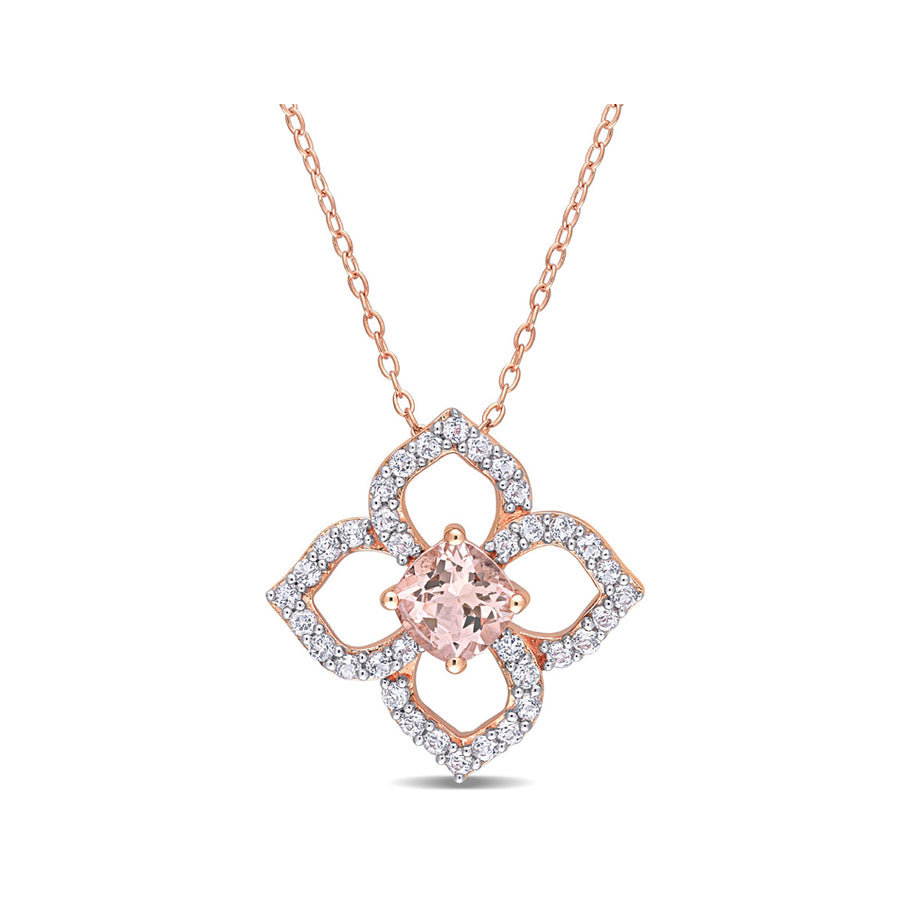 2.00 Carat (ctw) Morganite and White Topaz Floral Pendant Necklace in Rose Plated Sterling Silver Image 1