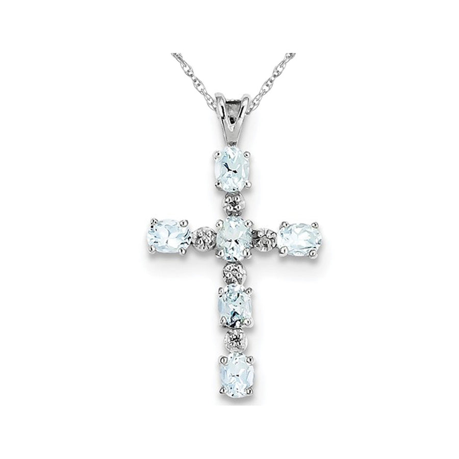 Sterling Silver Genuine Aquamarine Cross Pendant Necklace with Chain 9/10 Carat (ctw) Image 1