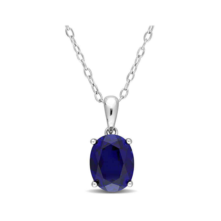2.95 Carat (ctw) Lab-Created Blue Sapphire Solitaire Oval Pendant Necklace in Sterling Silver with Chain Image 1