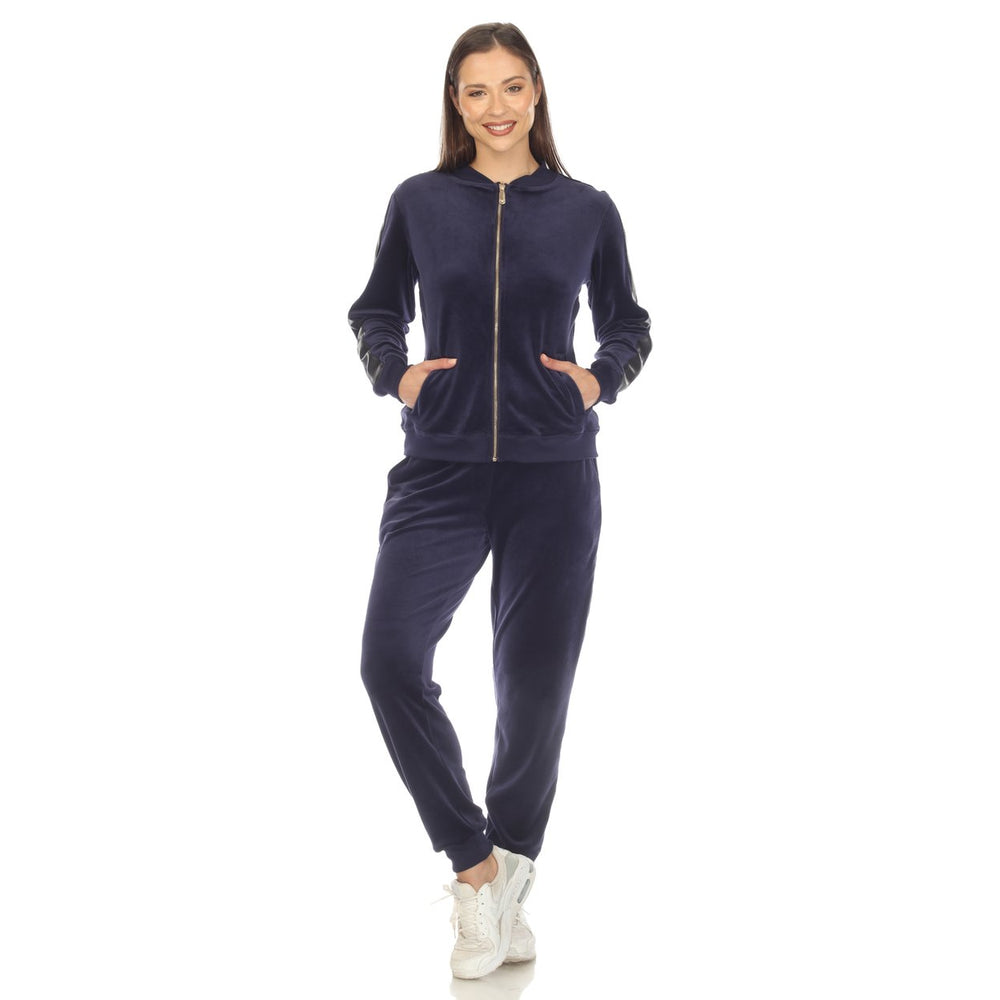 White Mark Womens 2-Piece Velour Tracksuit Set with Faux Leather Stripe Image 2