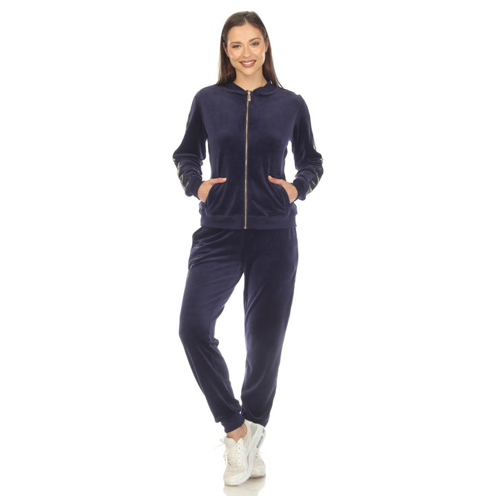 White Mark Womens Velour Tracksuit Set Faux Leather Stripe 2-Piece Comfort Fit Image 1