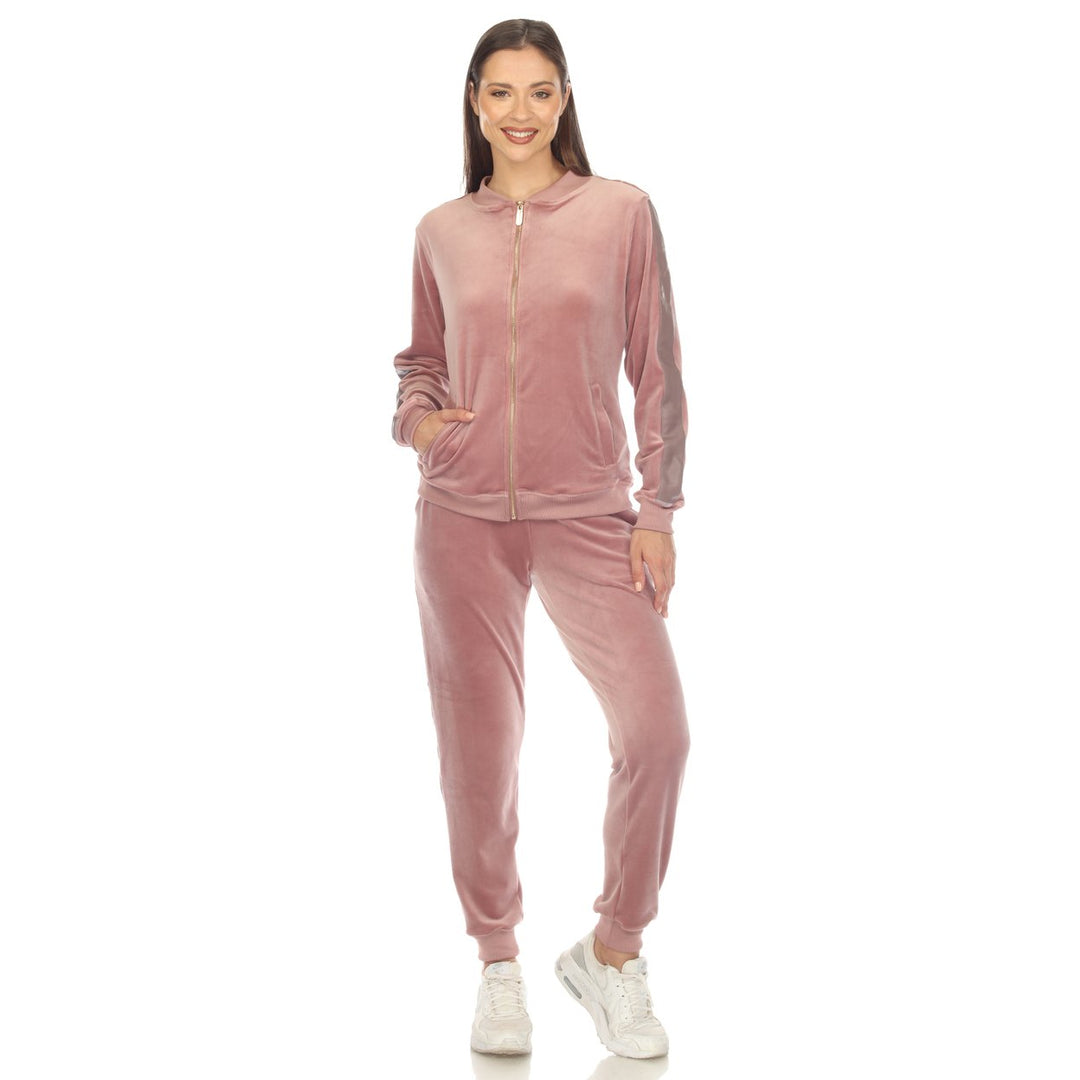 White Mark Womens 2-Piece Velour Tracksuit Set with Faux Leather Stripe Image 3