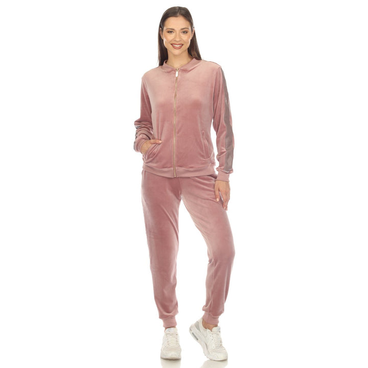 White Mark Womens 2-Piece Velour Tracksuit Set with Faux Leather Stripe Image 1