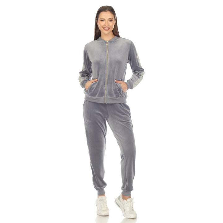 White Mark Womens 2-Piece Velour Tracksuit Set with Faux Leather Stripe Image 4