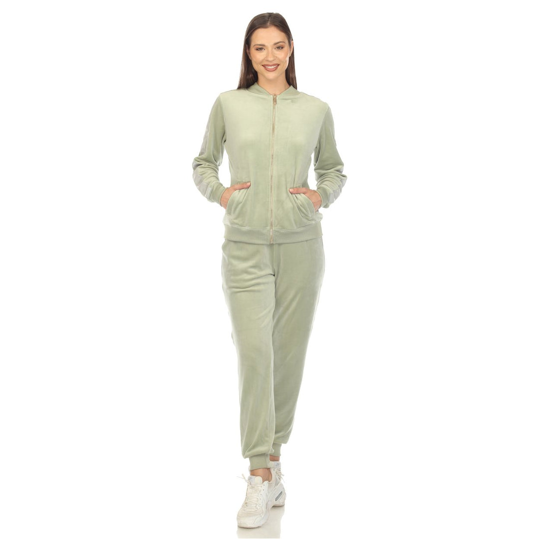 White Mark Womens 2-Piece Velour Tracksuit Set with Faux Leather Stripe Image 4