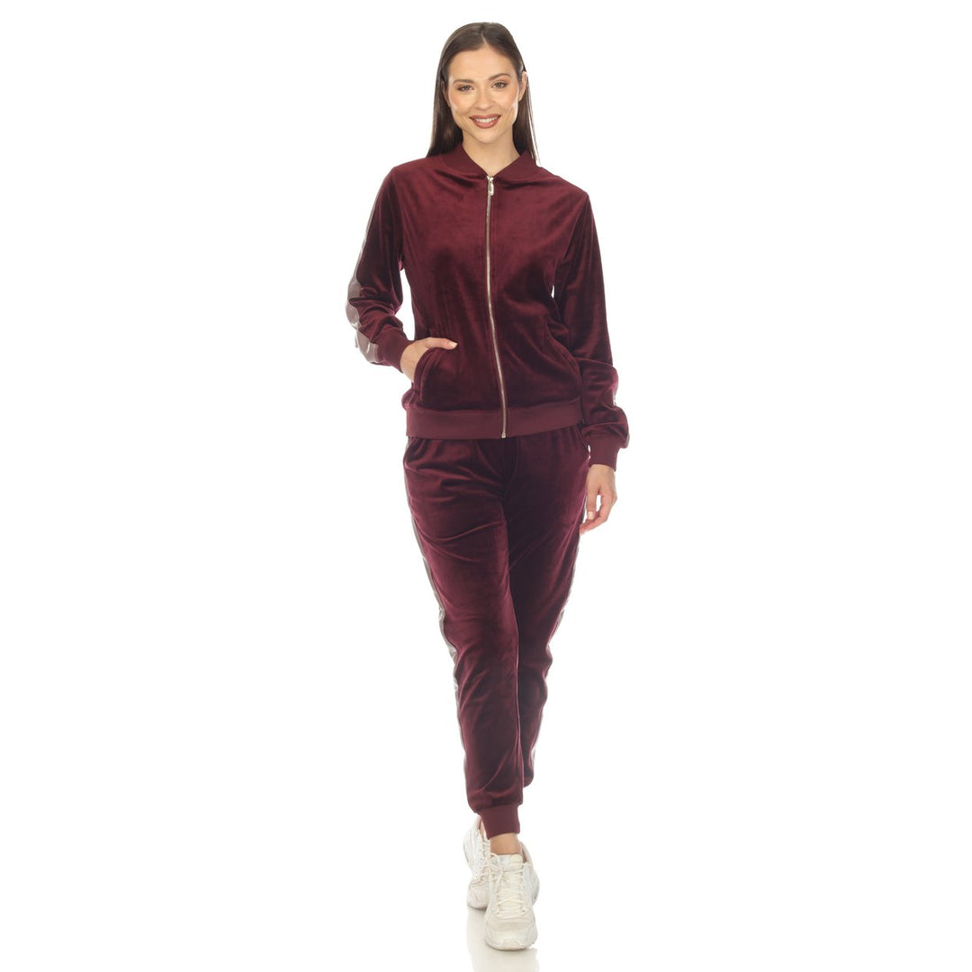 White Mark Womens 2-Piece Velour Tracksuit Set with Faux Leather Stripe Image 6