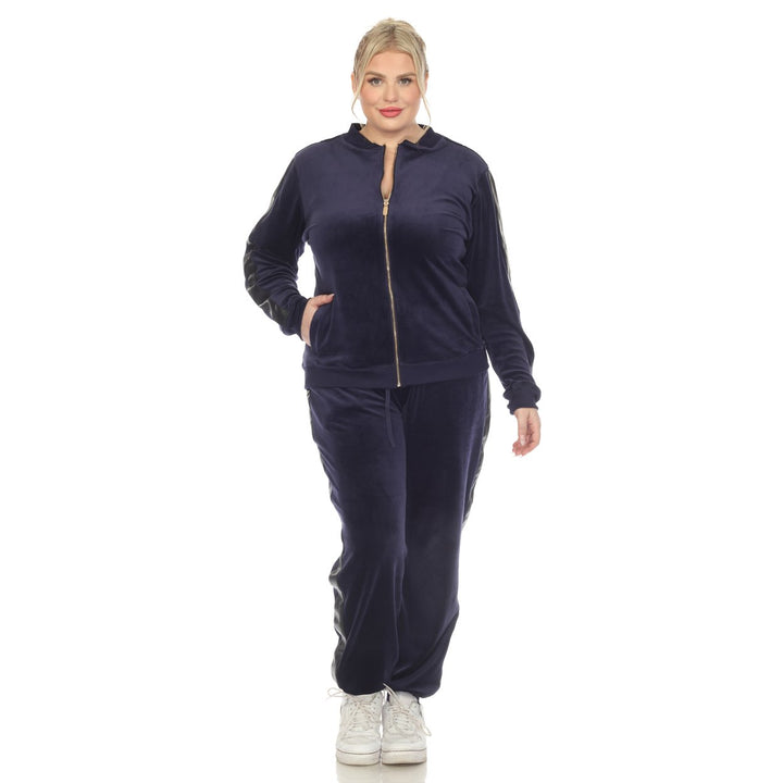 White Mark Womens 2-Piece Velour Tracksuit Set with Faux Leather Stripe Image 1