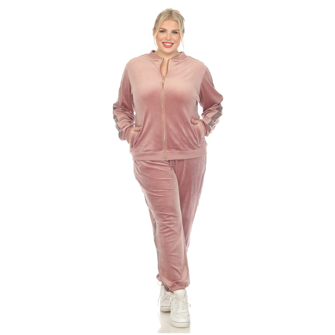 White Mark Womens 2-Piece Velour Tracksuit Set with Faux Leather Stripe Image 9