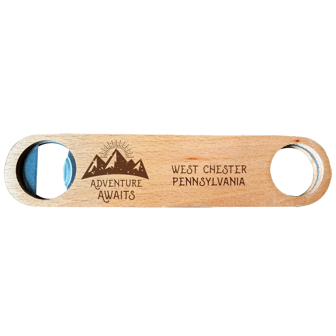 West Chester Pennsylvania Laser Engraved Wooden Bottle Opener Adventure Awaits Design Image 1