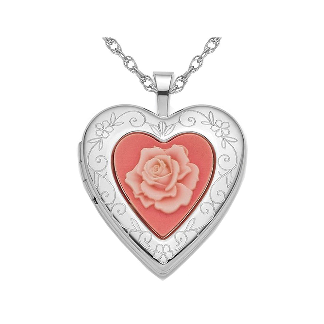 Sterling Silver Pink Resin Rose Cameo Heart Locket Pendant Necklace with Chain Image 1