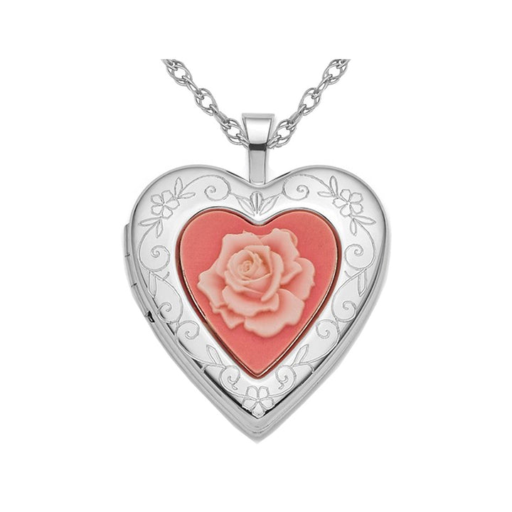 Sterling Silver Pink Resin Rose Cameo Heart Locket Pendant Necklace with Chain Image 1