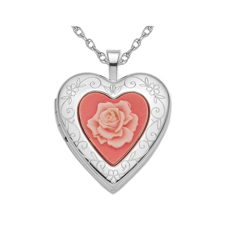 Sterling Silver Pink Resin Rose Cameo Heart Locket Pendant Necklace with Chain Image 1