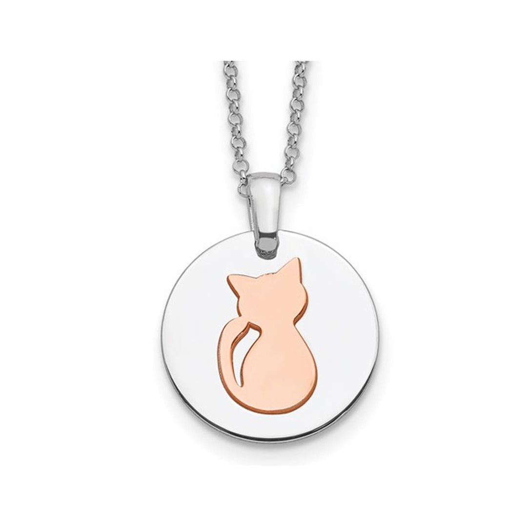 Sterling Silver Cat Disc Pendant Necklace with Rose Gold Plating Image 1