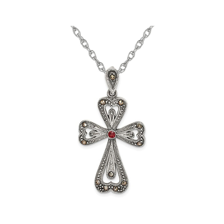 Sterling Silver Antiqued Marcasite And Garnet Cross Pendant Necklace with Chain Image 1