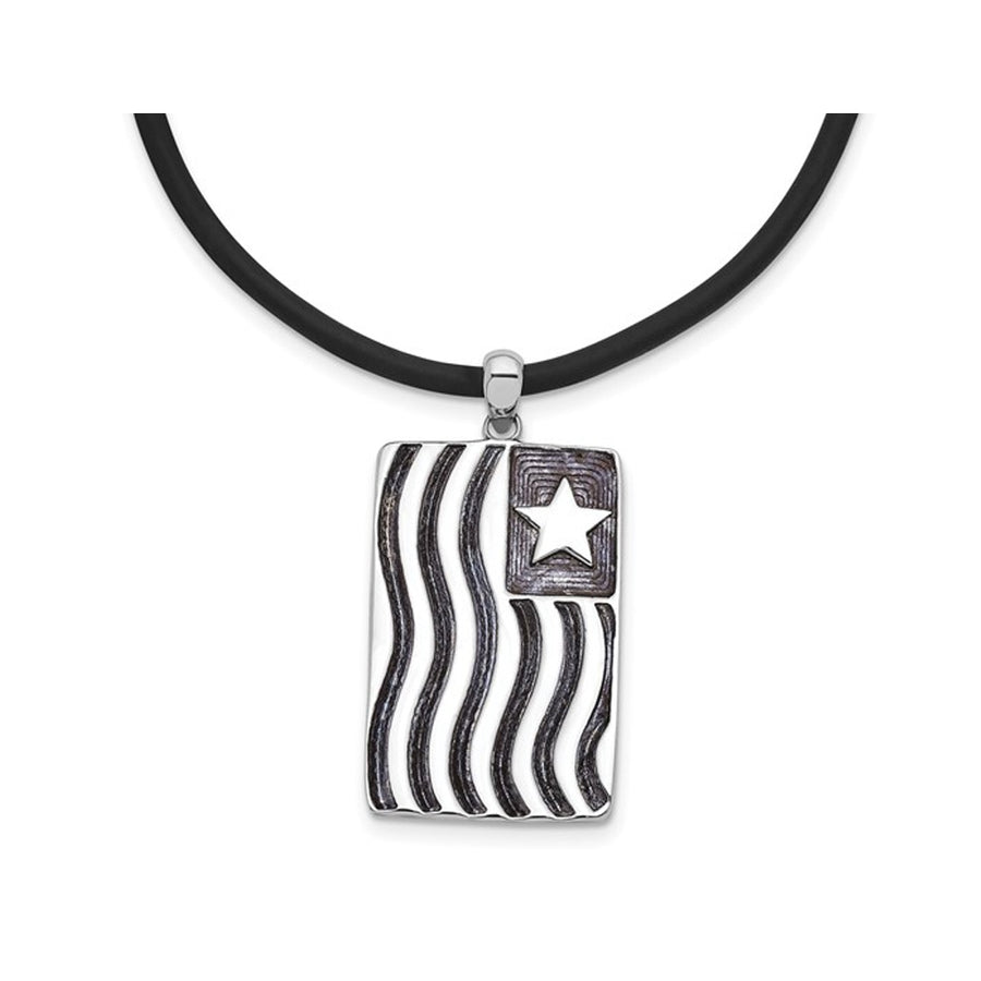 Waves of Pride Dog Tag Pendant Necklace in Sterling Silver with Rubber Cord Image 1