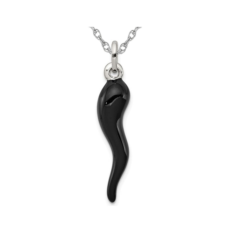 Black Enamel Italian Horn Pendant Necklace in Sterling Silver Image 1