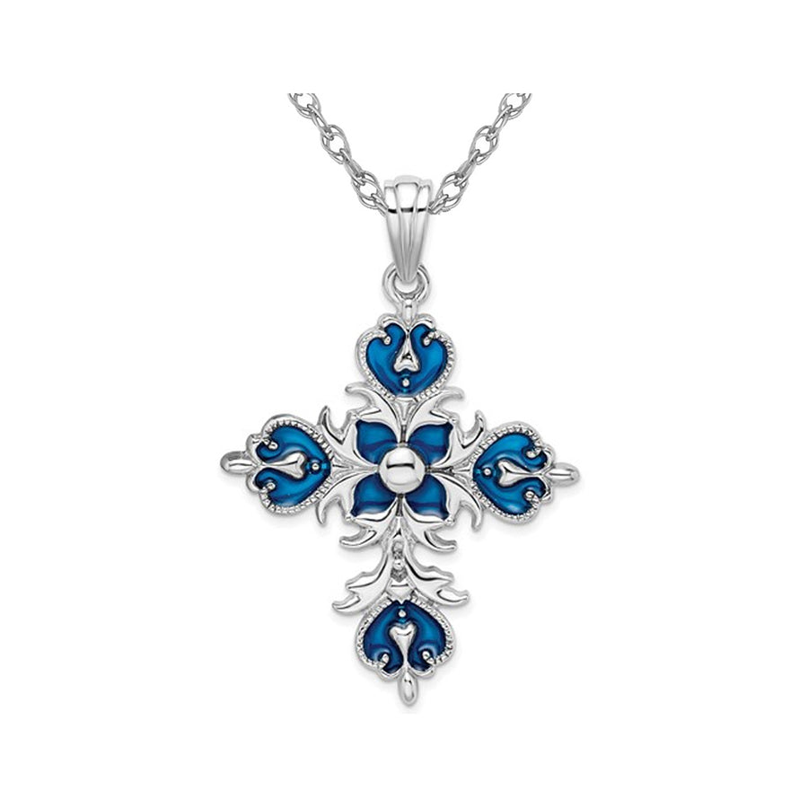 Sterling Silver Fleur de Lis Blue Cross Pendant Necklace with Chain Image 1