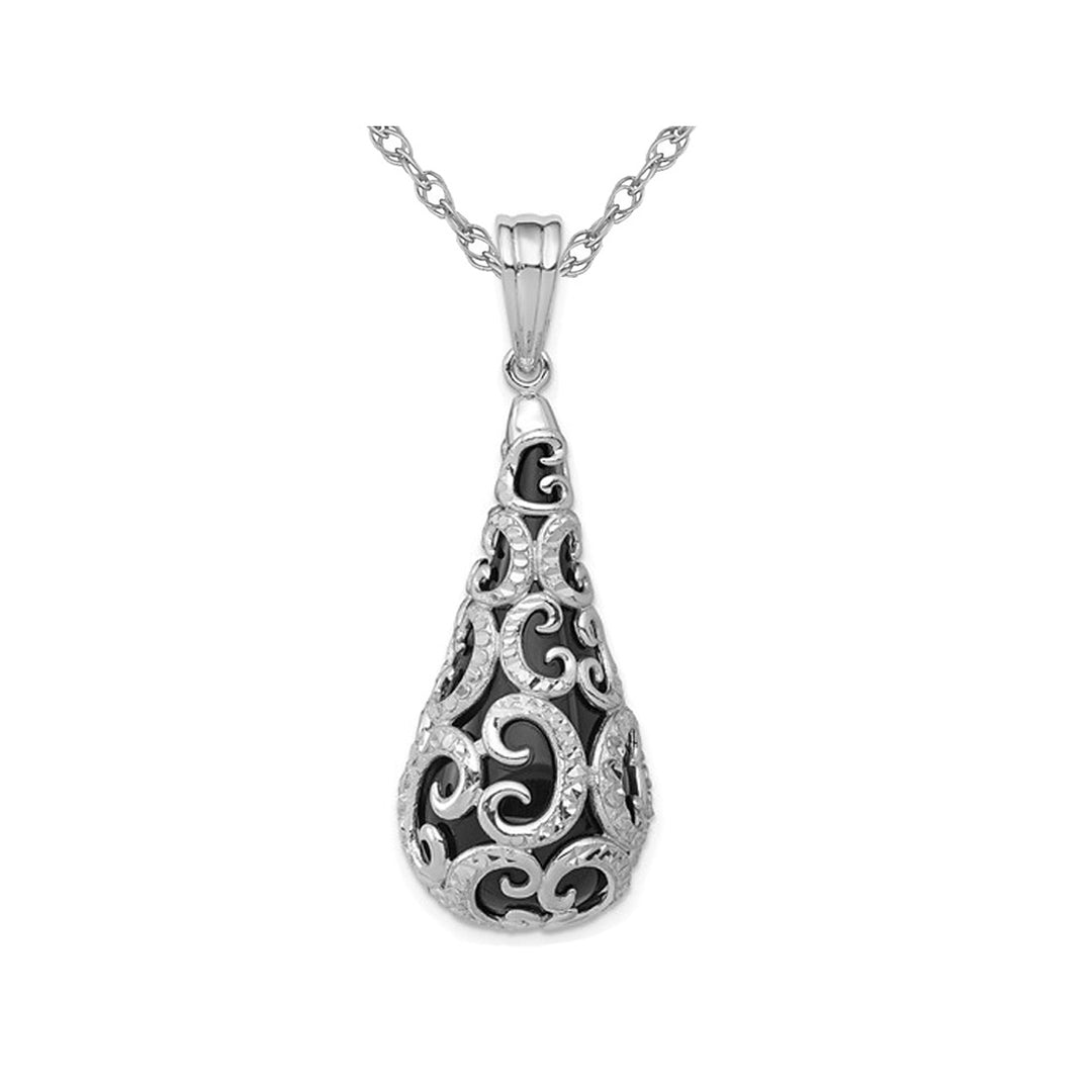 Filigree Sterling Silver Black Onyx Teardrop Dangle Pendant Necklace with Chain (18 Inches) Image 1