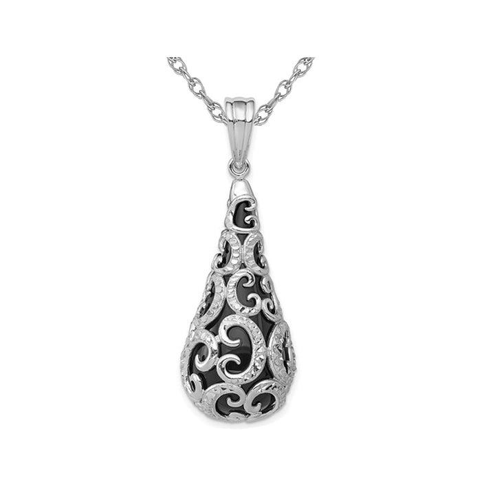 Filigree Sterling Silver Black Onyx Teardrop Dangle Pendant Necklace with Chain (18 Inches) Image 1