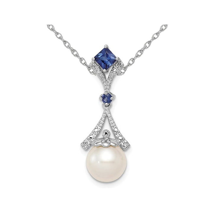 3/10 Carat (ctw) Lab Created Blue Sapphire and 8mm Freshwater Cultured Pearl Pendant Necklace in Sterling Silver with Image 1