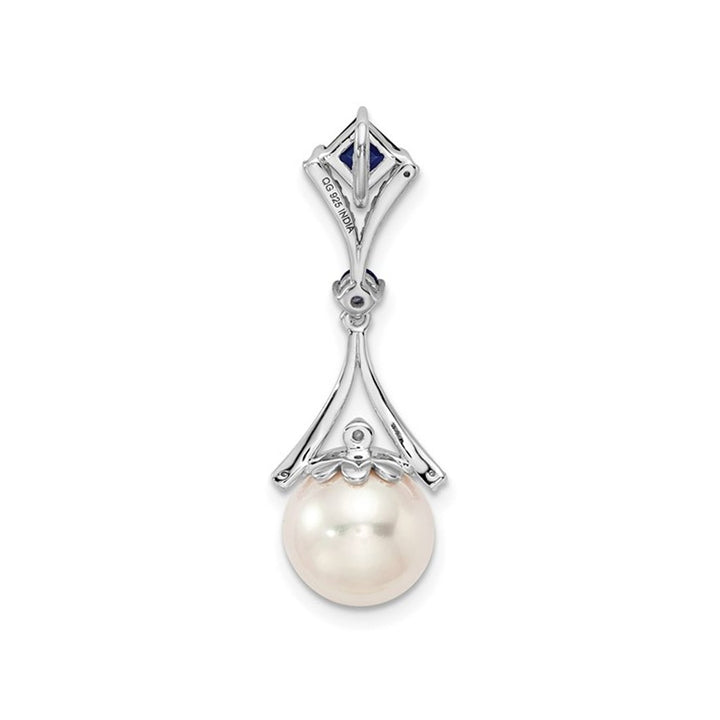 3/10 Carat (ctw) Lab Created Blue Sapphire and 8mm Freshwater Cultured Pearl Pendant Necklace in Sterling Silver with Image 2