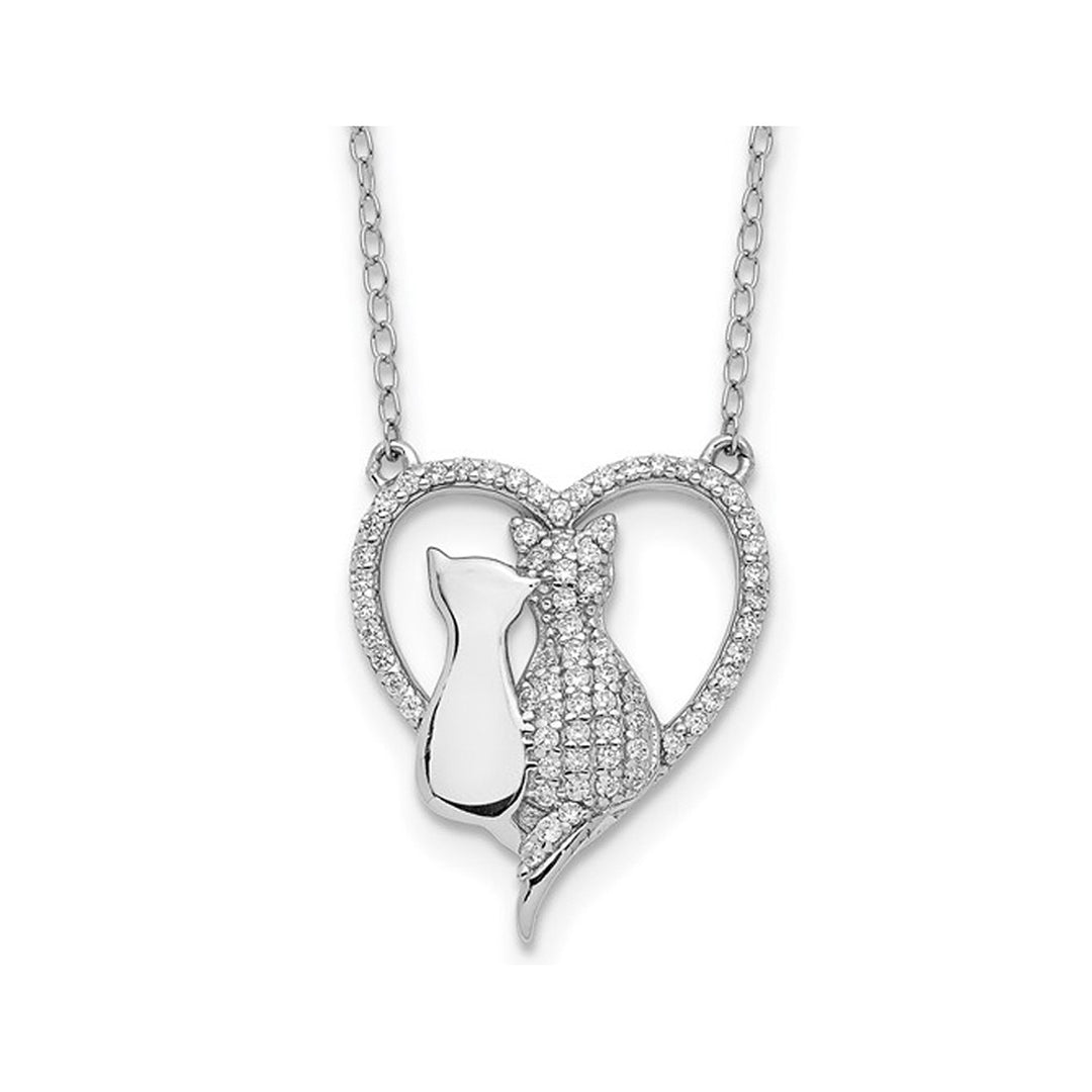 Sterling Silver Two Leaning Cats Heart Pendant Necklace with Cubic Zirconia (CZ)s and Chain Image 1