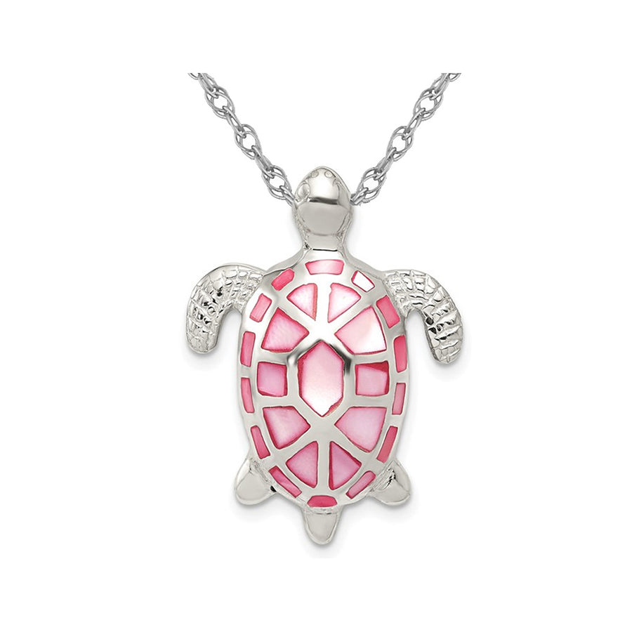Pink Mother of Pearl Turtle Pendant Necklace in Sterling Silver with Chain Image 1