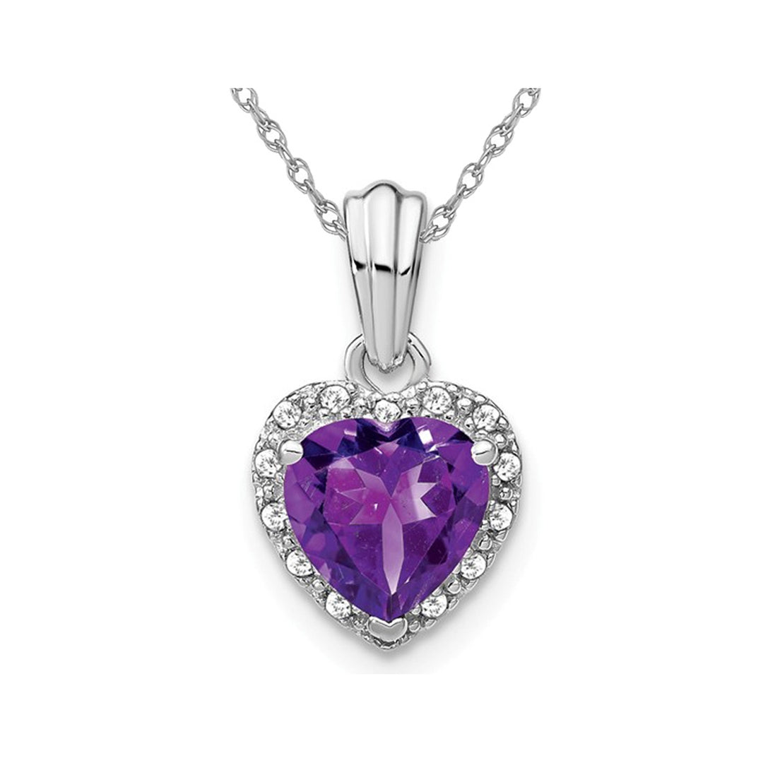 1.15 Carat (ctw) Amethyst Heart Pendant Necklace in Sterling Silver with Accent Diamonds and Chain Image 1