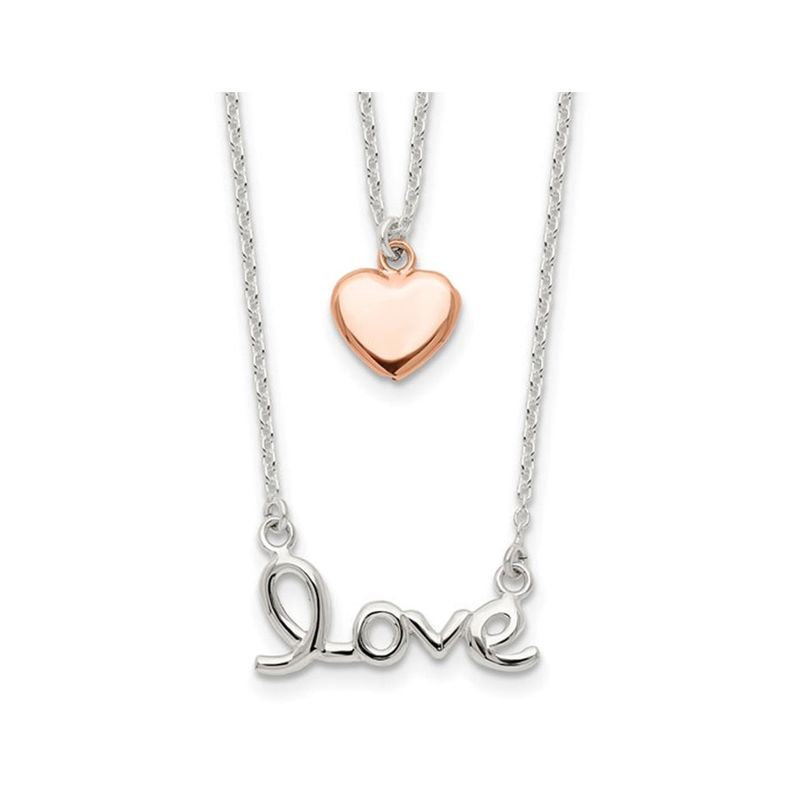 Sterling Silver Rose Pink Tone Love and Heart Necklace (18 Inche) Image 1