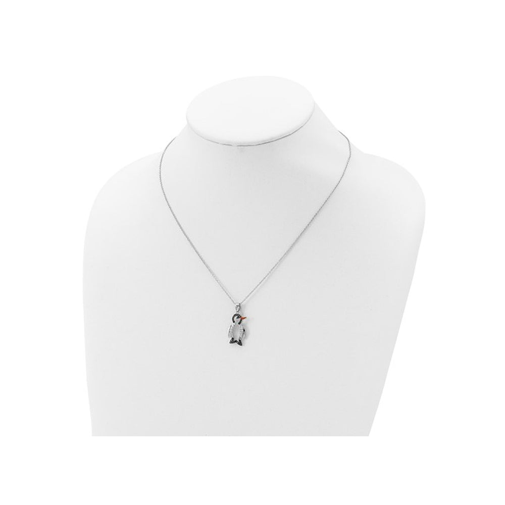 Sterling Silver Penguin Charm Pendant Necklace with Black and White Synthetic Cubic Zirconia (CZ)s Image 4