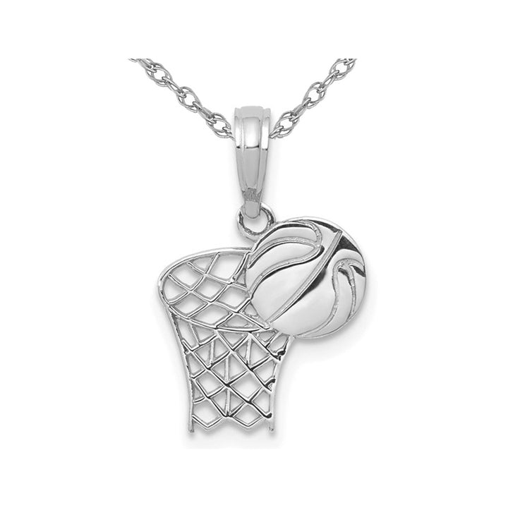 10K White Gold Basketball and Hoop Pendant Necklace Charm with Chain Image 1