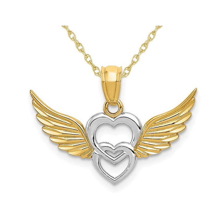 14K Yellow and White Gold Heart with Wings Charm Pendant Necklace with Chain Image 1