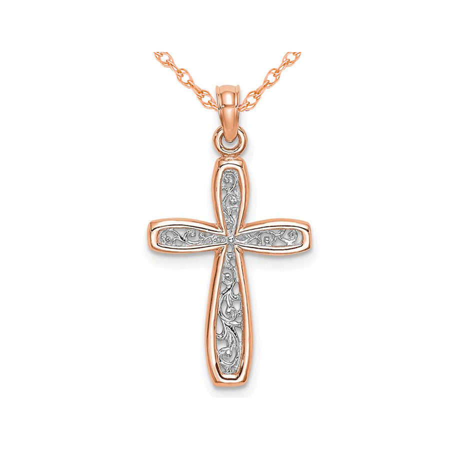 10K Rose Pink Gold Filigree Cross Pendant Necklace with Chain Image 1