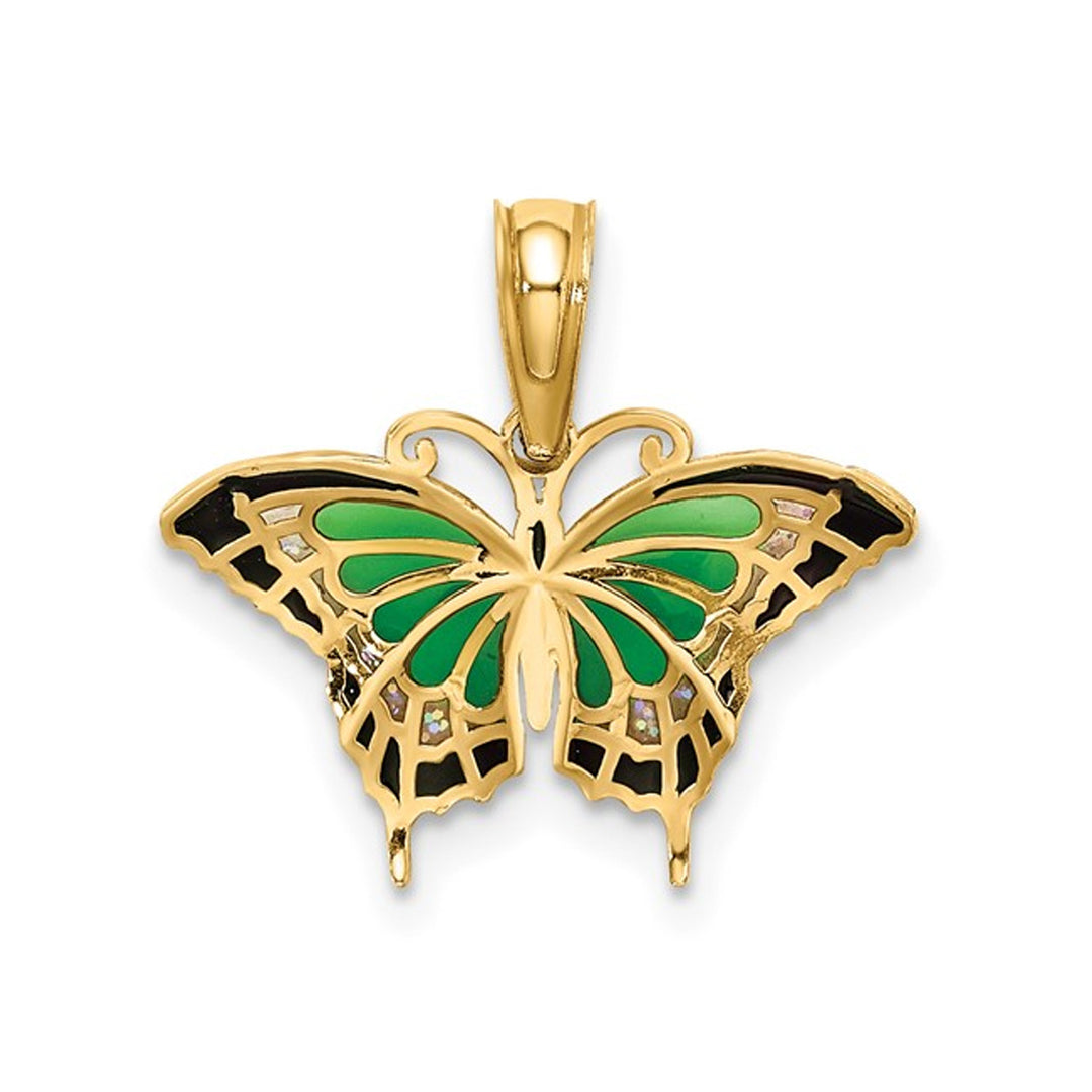 Green Butterfly Charm Pendant Necklace in 10K Yellow Gold with Chain Image 3