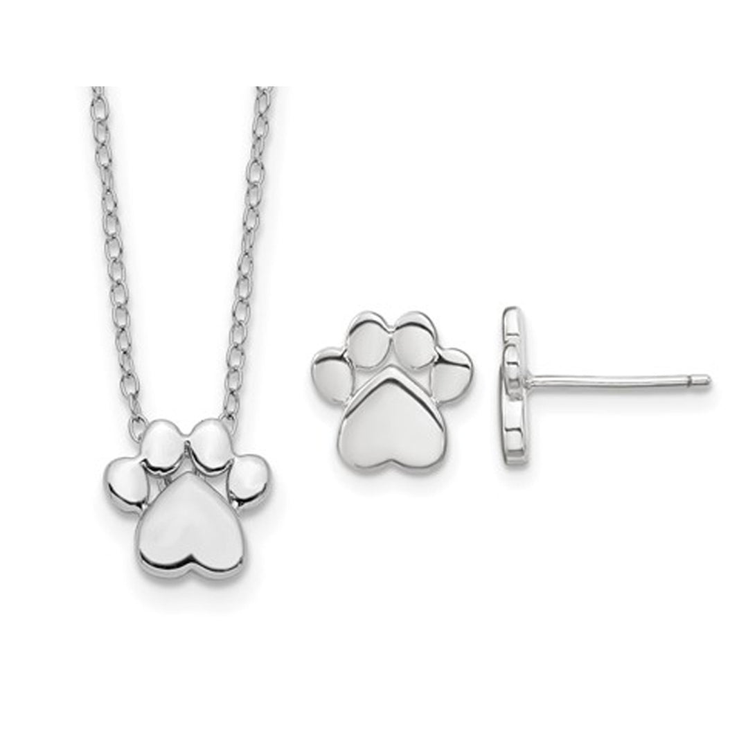 Sterling Silver Paw Print Pendant Necklace and Earrings Charm Set Image 1