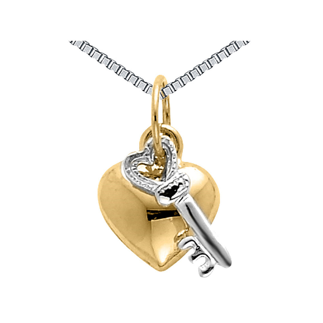 Heart and Key Pendant Necklace in 14K Yellow and White Gold with Chain Image 1