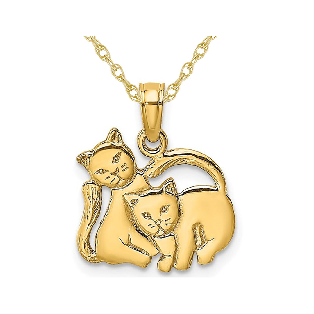 10K Yellow Gold Two Kittens Pendant Necklace with Chain Image 1