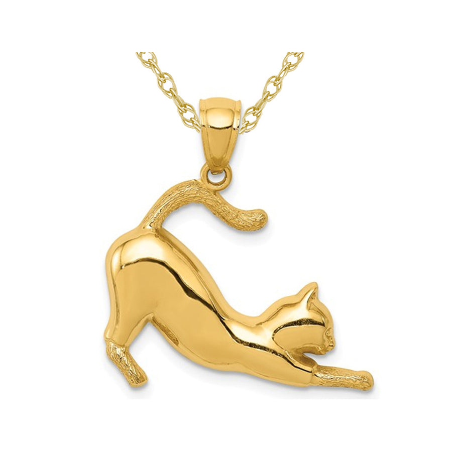14K Yellow Gold Stretching Cat Charm Pendant Necklace with Chain Image 1