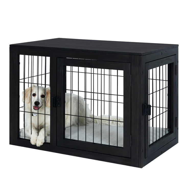 PETMAKER Dog Crate 36 Inch Acacia Wood Kennel Black Double Doors with Cushion Image 1