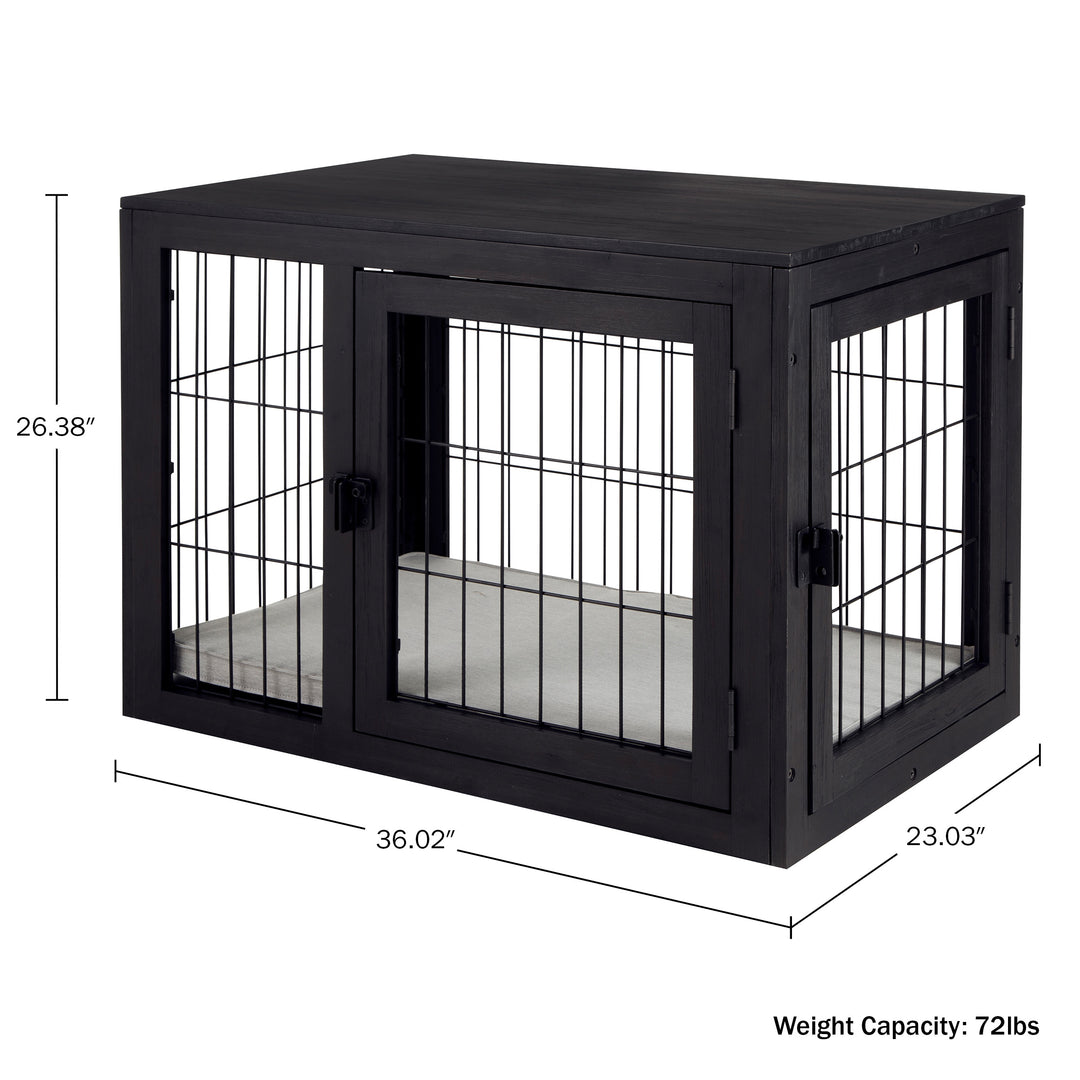 PETMAKER Dog Crate 36 Inch Acacia Wood Kennel Black Double Doors with Cushion Image 2