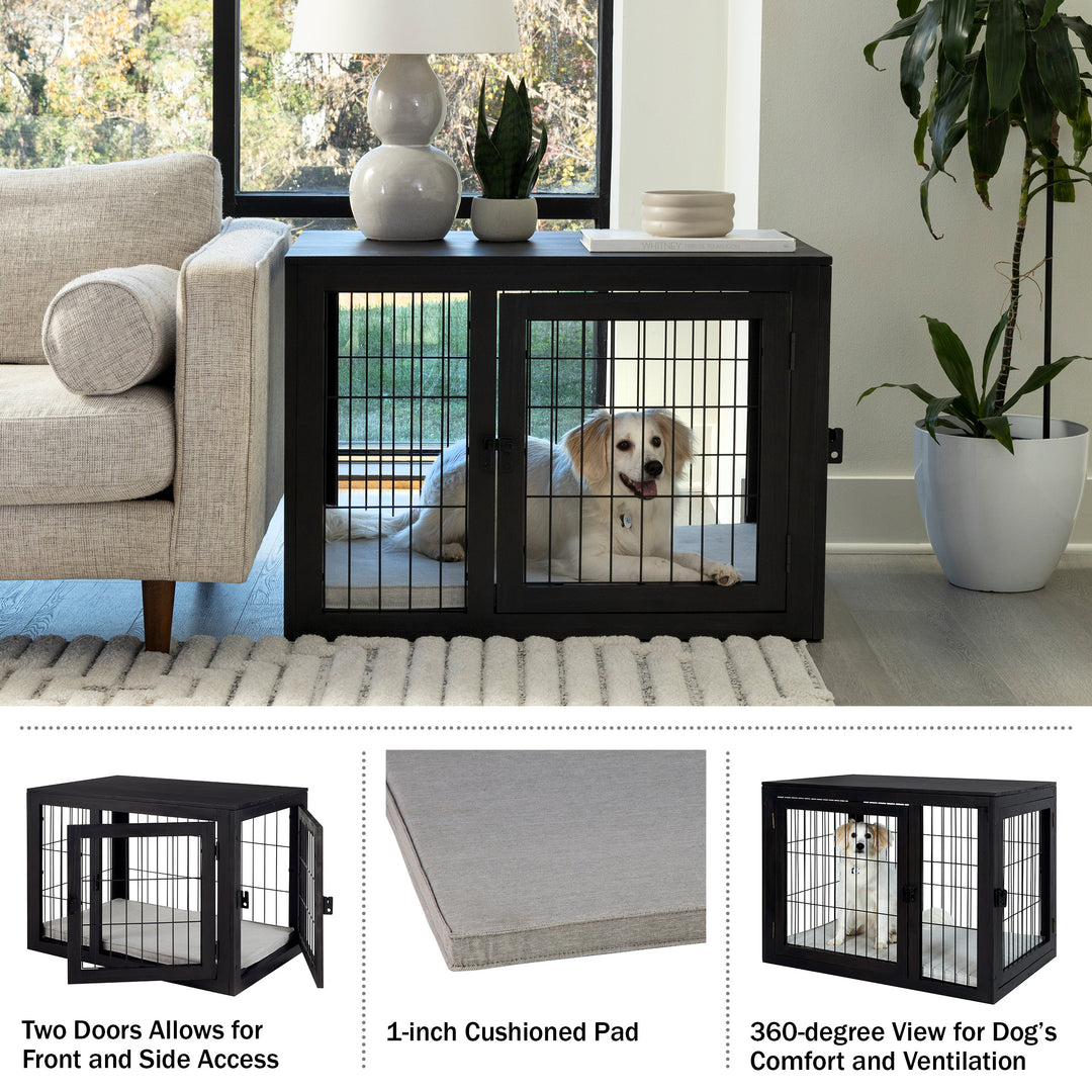 PETMAKER Dog Crate 36 Inch Acacia Wood Kennel Black Double Doors with Cushion Image 3