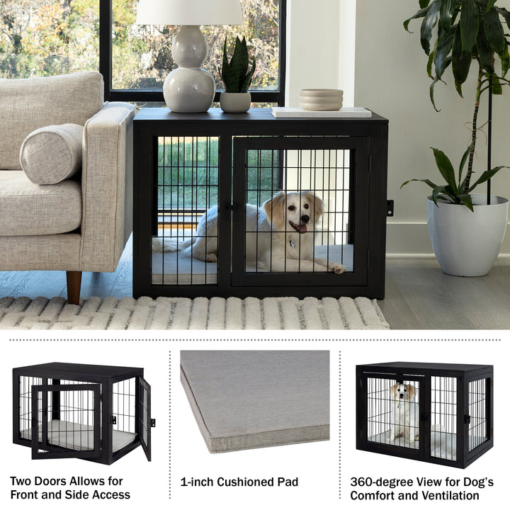 PETMAKER Dog Crate 36 Inch Acacia Wood Kennel Black Double Doors with Cushion Image 3