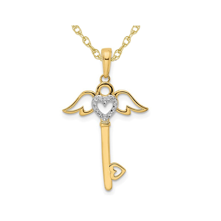 14K Yellow Gold Key Heart Angel Wings Charm Pendant Necklace with Chain Image 1