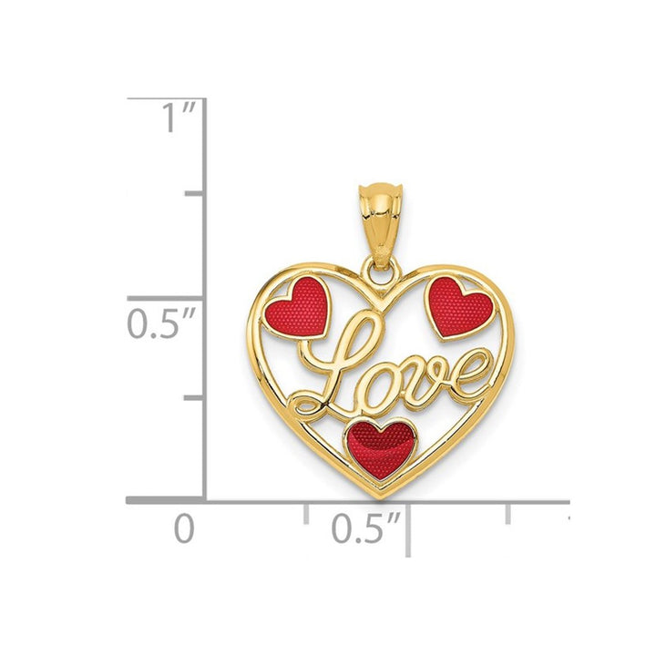 Heart Shaped LOVE Pendant Necklace in 14K Yellow Gold with Red Enamel Hearts Image 3